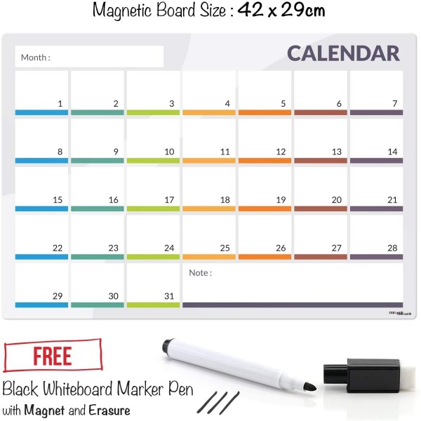 CKB Ltd® CALENDAR 마커가 있는 마그네틱 냉장고 보드 월간 플랜 31일 캘린더 메모 일일 지우개 클리너 주간 플래너 마커가 있는 냉장고 보드용 마그네틱 알림 시트 화이트