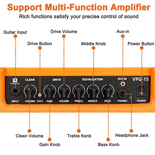 일렉트릭 기타 연습 앰프, 콤보 일렉트릭 기타 앰프 15W, 3밴드 이퀄라이제이션, 6.5″스피커, 헤드폰 출력, 일렉트릭 기타 및 베이스용, 경량 및 휴대용, 주황색, Vangoa 