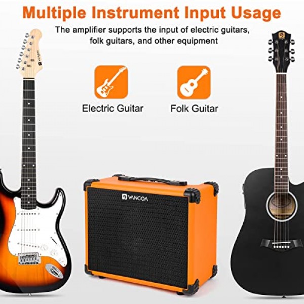 일렉트릭 기타 연습 앰프, 콤보 일렉트릭 기타 앰프 15W, 3밴드 이퀄라이제이션, 6.5″스피커, 헤드폰 출력, 일렉트릭 기타 및 베이스용, 경량 및 휴대용, 주황색, Vangoa 