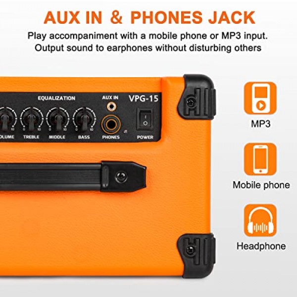 일렉트릭 기타 연습 앰프, 콤보 일렉트릭 기타 앰프 15W, 3밴드 이퀄라이제이션, 6.5″스피커, 헤드폰 출력, 일렉트릭 기타 및 베이스용, 경량 및 휴대용, 주황색, Vangoa 