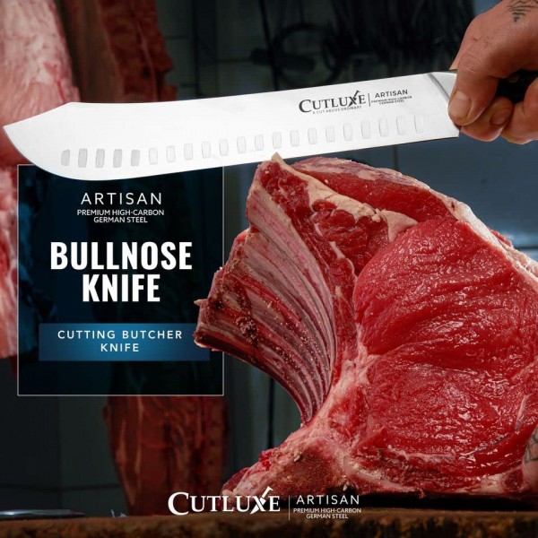 Cutluxe Butcher Knife - 10″ Bullnose Knife – 단조 고탄소 독일 강철 – Full Tang & Razor Sharp – 인체공학적 핸들 디자인 – Artisan 시리즈