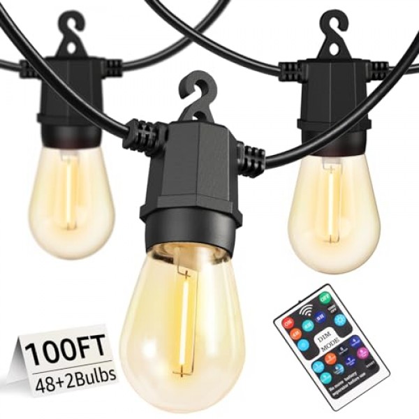 실외 스트링 조명 100FT(2 x 50FT), 비산 방지 전구 50개로 방수 실외 조명, 맞춤형 8가지 조명 모드 파티오 베란다 장식 발코니 뒷마당 파티용 원격 제어 파티오 조명