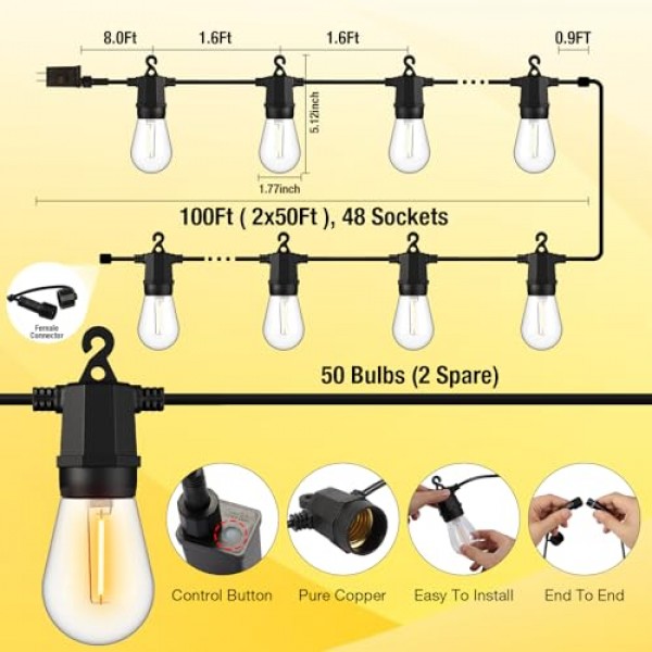 실외 스트링 조명 100FT(2 x 50FT), 비산 방지 전구 50개로 방수 실외 조명, 맞춤형 8가지 조명 모드 파티오 베란다 장식 발코니 뒷마당 파티용 원격 제어 파티오 조명