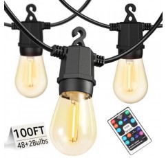 실외 스트링 조명 100FT(2 x 50FT), 비산 방지 전구 50개로 방수 실외 조명, 맞춤형 8가지 조명 모드 파티오 베란다 장식 발코니 뒷마당 파티용 원격 제어 파티오 조명
