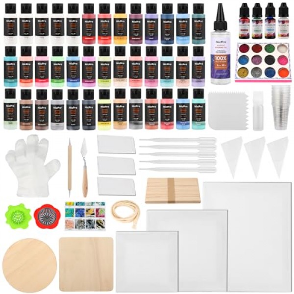 Nicpro 39 Colors 2oz 아크릴 붓기 페인트 용품 키트, 캔버스, 나무 조각, 붓기 오일, 도구, 장갑, 스트레이너, 컵, 초보자용 수지가 포함된 미리 혼합된 붓기 페인트 하이 플