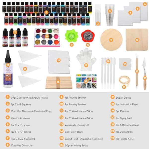 Nicpro 39 Colors 2oz 아크릴 붓기 페인트 용품 키트, 캔버스, 나무 조각, 붓기 오일, 도구, 장갑, 스트레이너, 컵, 초보자용 수지가 포함된 미리 혼합된 붓기 페인트 하이 플