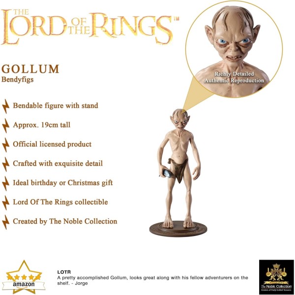 The Noble Collection Bendyfigs Golum 공식 라이센스 19cm 반지의 제왕 Bendable Toy Posable Collectable Doll Figures with Stand - for Kids & Adults