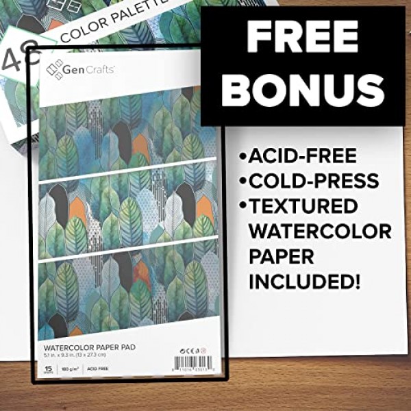 GenCrafts 수채화 물감 팔레트 48가지 프리미엄 색상(종이 패드 포함) - 리필용 브러시 펜 2개 - 수채화 용지 15장