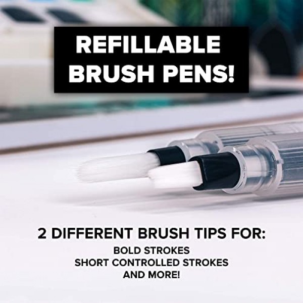 GenCrafts 수채화 물감 팔레트 48가지 프리미엄 색상(종이 패드 포함) - 리필용 브러시 펜 2개 - 수채화 용지 15장