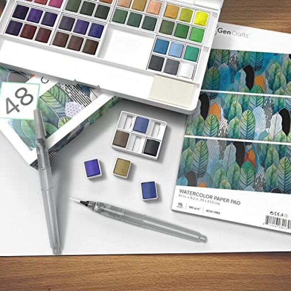 GenCrafts 수채화 물감 팔레트 48가지 프리미엄 색상(종이 패드 포함) - 리필용 브러시 펜 2개 - 수채화 용지 15장