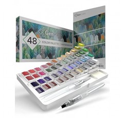 GenCrafts 수채화 물감 팔레트 48가지 프리미엄 색상(종이 패드 포함) - 리필용 브러시 펜 2개 - 수채화 용지 15장