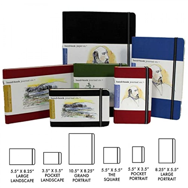 Handbook Journal Co. 아티스트 캔버스 커버 그리기 및 스케치용 여행용 노트, 아이보리 블랙, 대형 가로 5.5 x 8.25인치, 130 GSM 용지, 하드커버 포켓 포함