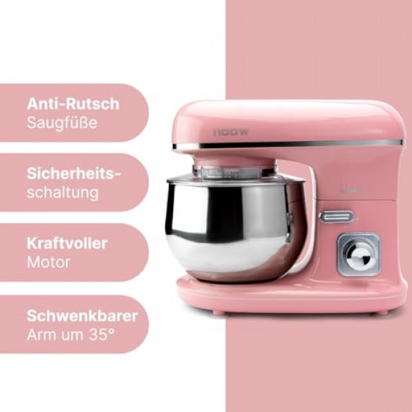 Clatronic Rock'n'Retro KM 3711 투명한 스플래시 가드 뚜껑이 있는 반죽기(리필 개방 및 회전식 다기능 암 1100와트 5리터, 핑크)