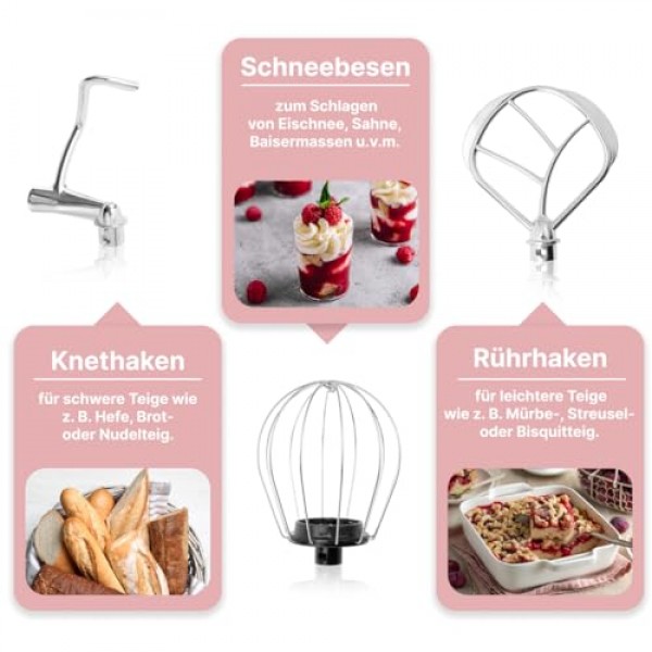 Clatronic Rock'n'Retro KM 3711 투명한 스플래시 가드 뚜껑이 있는 반죽기(리필 개방 및 회전식 다기능 암 1100와트 5리터, 핑크)