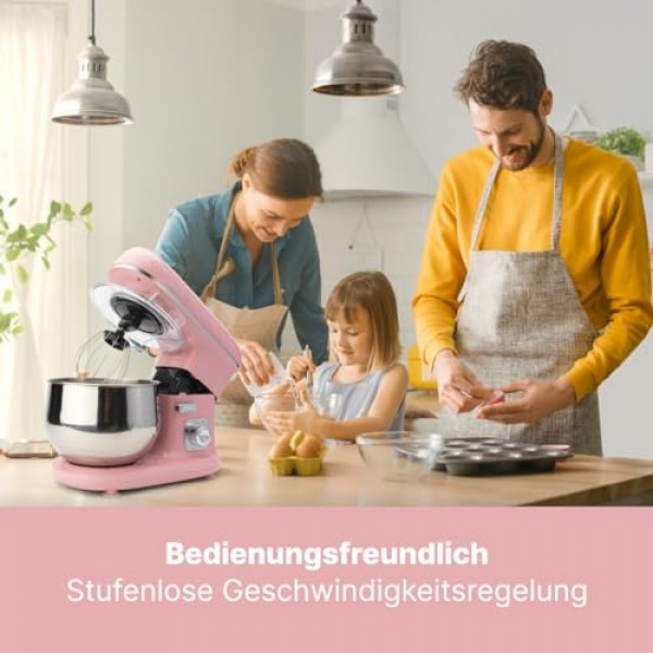 Clatronic Rock'n'Retro KM 3711 투명한 스플래시 가드 뚜껑이 있는 반죽기(리필 개방 및 회전식 다기능 암 1100와트 5리터, 핑크)