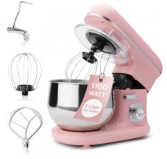 Clatronic Rock'n'Retro KM 3711 투명한 스플래시 가드 뚜껑이 있는 반죽기(리필 개방 및 회전식 다기능 암 1100와트 5리터, 핑크)