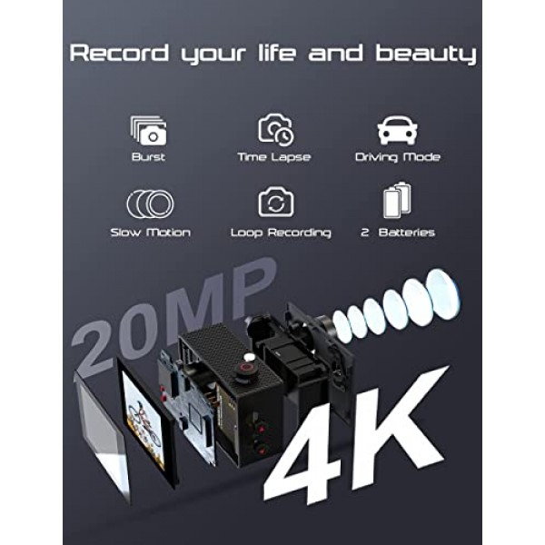 Apexcam 4K 액션캠 20MP WiFi 스포츠 카메라 울트라 HD 수중 카메라 40m 방수 170° 광각 2.4G 원격 제어 저속 촬영 2 x 1050mAh 배터리 2.0인치 LCD 화면 및 기타 액세서리