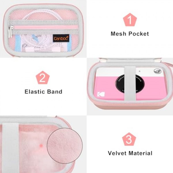 KODAK Printomatic 디지털 즉석 인쇄 카메라용 Canboc 하드 운반 케이스, 인화지 및 케이블에 맞는 지퍼 메쉬 백, 로즈 골드