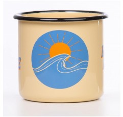 MUGSY HANG LOOSE라고 적힌 I 에나멜 머그 | 11oz 에나멜 머그 | 파도 모티브 | 서핑, 해변, 태양(베이지)
