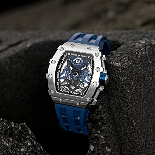 TSAR BOMBA 남자 시계 방수 5ATM 자동 기계식 아날로그 손목 시계 블랙 실버 스테인레스 스틸 사파이어 유리 실리콘 스트랩 남자 시계와 패션 럭셔리 빛나는 남자 시계