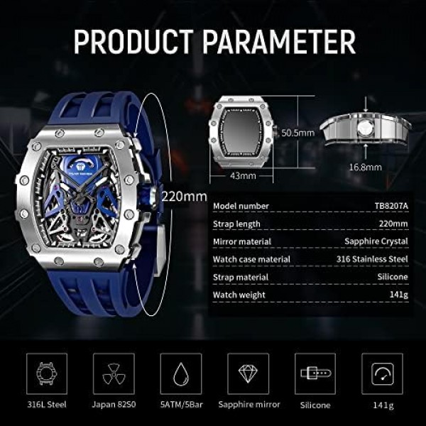 TSAR BOMBA 남자 시계 방수 5ATM 자동 기계식 아날로그 손목 시계 블랙 실버 스테인레스 스틸 사파이어 유리 실리콘 스트랩 남자 시계와 패션 럭셔리 빛나는 남자 시계