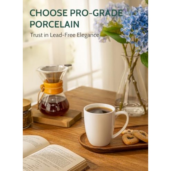 Sweese 도자기 머그 - 커피, 차, 모카 및 멀드 음료용 12온스 - 6개 세트, 흰색