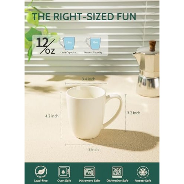 Sweese 도자기 머그 - 커피, 차, 모카 및 멀드 음료용 12온스 - 6개 세트, 흰색