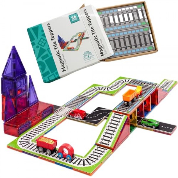 학습 및 성장 기차 트랙 토퍼, 자석 타일 액세서리, 자석 조립 세트 로드 팩 추가 36개 - STEM 조립 장난감 및 학습 교육용 자석 건설 유아용