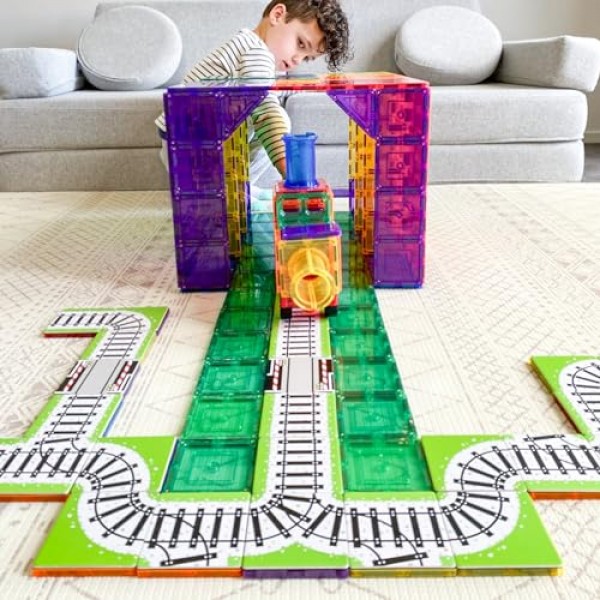 학습 및 성장 기차 트랙 토퍼, 자석 타일 액세서리, 자석 조립 세트 로드 팩 추가 36개 - STEM 조립 장난감 및 학습 교육용 자석 건설 유아용