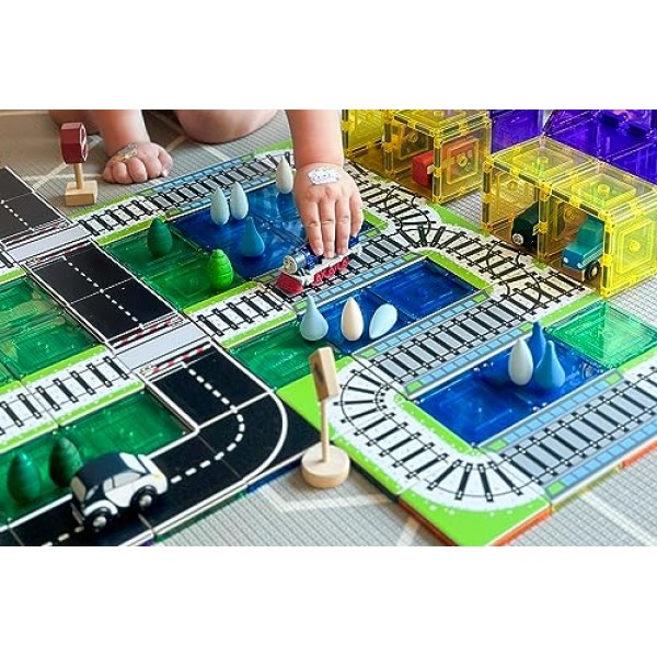 학습 및 성장 기차 트랙 토퍼, 자석 타일 액세서리, 자석 조립 세트 로드 팩 추가 36개 - STEM 조립 장난감 및 학습 교육용 자석 건설 유아용