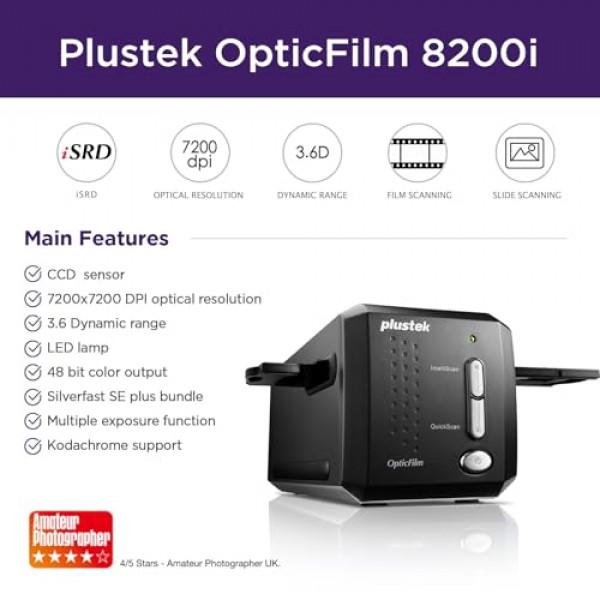 Plustek OpticFilm 8200i SE, 35mm 필름 및 슬라이드 스캐너. 7200dpi/48비트 출력. 통합 적외선 먼지/스크래치 제거. Silverfast SE Plus 9 번들, Mac 및 PC 지원.
