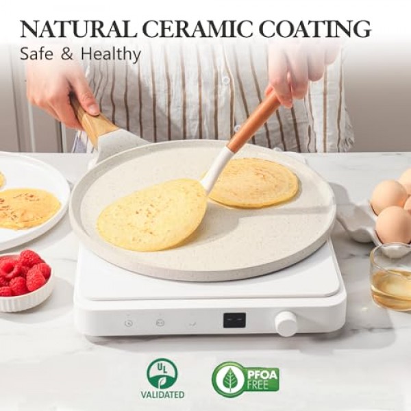 SENSARTE 논스틱 크레이프 팬(스프레더 포함), 10인치 천연 세라믹 코팅 도사 팬 팬케이크 플랫 프라이팬 타와 철판, 스테이 쿨 핸들 포함, 인덕션 호환, PFOA 없음(흰색)