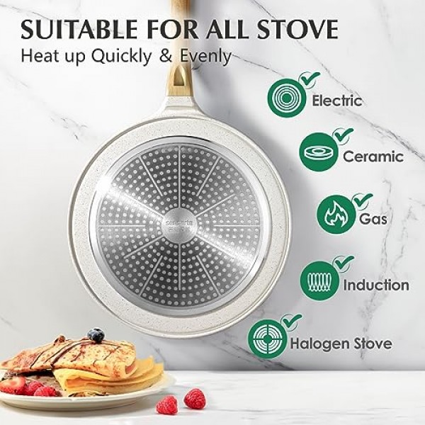 SENSARTE 논스틱 크레이프 팬(스프레더 포함), 10인치 천연 세라믹 코팅 도사 팬 팬케이크 플랫 프라이팬 타와 철판, 스테이 쿨 핸들 포함, 인덕션 호환, PFOA 없음(흰색)