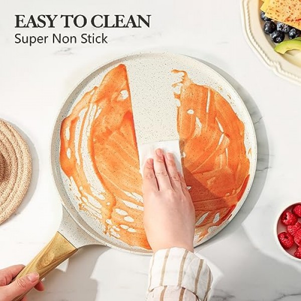 SENSARTE 논스틱 크레이프 팬(스프레더 포함), 10인치 천연 세라믹 코팅 도사 팬 팬케이크 플랫 프라이팬 타와 철판, 스테이 쿨 핸들 포함, 인덕션 호환, PFOA 없음(흰색)