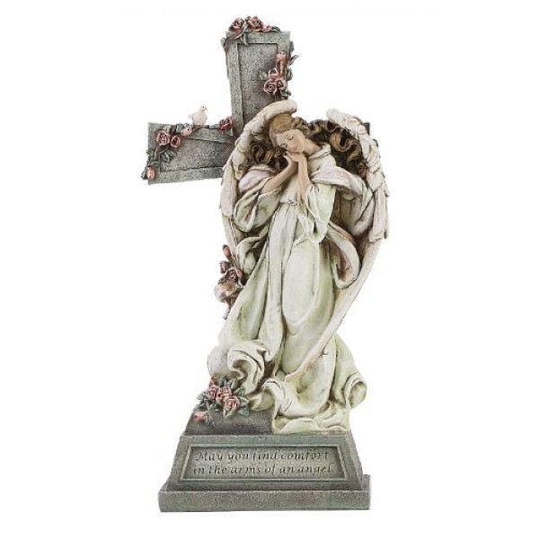 Roman Inc.의 요셉 스튜디오, 십자가가 있는 천사, 정원 컬렉션, 종교 조각상, 성가족, 기념관, 천사, 수호성인, 정원 장식(8x5x14)
