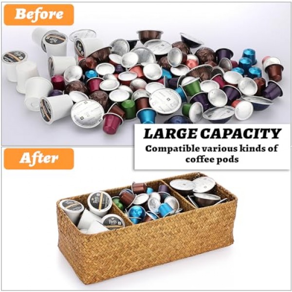 ELLDOO 짠 씨그래스 고리버들 등나무 보관 바구니, K 컵 네스프레소 포드용 대용량 커피 포드 홀더 정리함, 커피 바 선반용 3섹션 씨그래스 보관 상자 주방 캐비닛, 브라