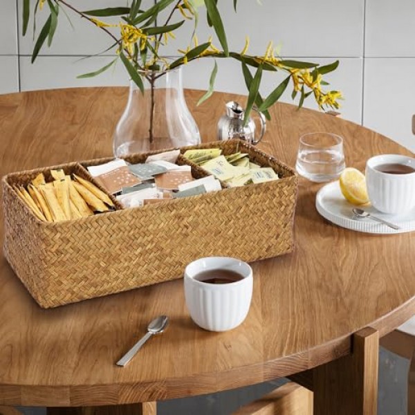 ELLDOO 짠 씨그래스 고리버들 등나무 보관 바구니, K 컵 네스프레소 포드용 대용량 커피 포드 홀더 정리함, 커피 바 선반용 3섹션 씨그래스 보관 상자 주방 캐비닛, 브라