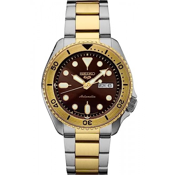 SEIKO SRPK24,남성 스포츠,GMT,기계식,오토매틱,스테인레스,투톤,브라운 다이얼,100m WR
