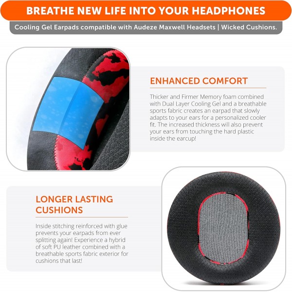 WC FreeZe Maxwell - Wicked Cushions의 Audeze Maxwell 헤드폰과 호환되는 냉각 젤 이어패드 - 에픽 게임 세션을 위한 향상된 편안함, 내구성 및 두께 | 레드 카모