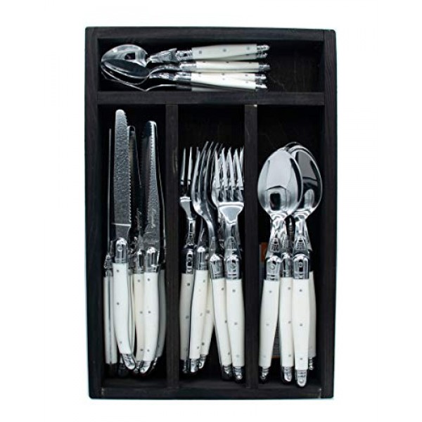 Jean Dubost 24개 일상용 플랫웨어 세트(흰색 손잡이 포함) 검정색 트레이 스테이크 나이프, 단일 사이즈