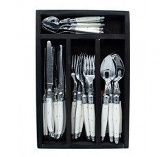 Jean Dubost 24개 일상용 플랫웨어 세트(흰색 손잡이 포함) 검정색 트레이 스테이크 나이프, 단일 사이즈