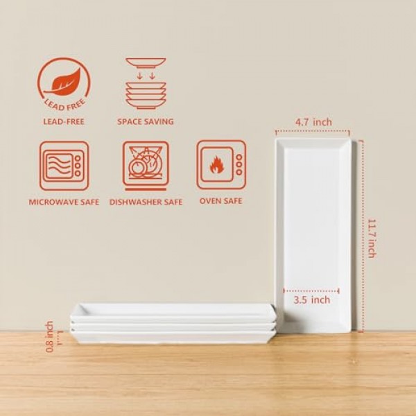 Sweese 흰색 직사각형 플래터, 파티용 도자기 서빙 접시 - 11.7인치, 4개 세트