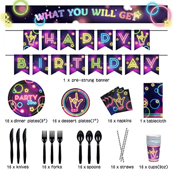 DECORLIFE 네온 플레이트 및 냅킨 파티 용품 16인분, 생일 축하 배너, 54x108 네온 식탁보, 야광 파티 장식용 기구 포함