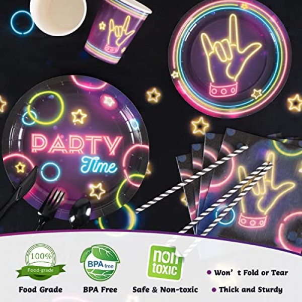 DECORLIFE 네온 플레이트 및 냅킨 파티 용품 16인분, 생일 축하 배너, 54x108 네온 식탁보, 야광 파티 장식용 기구 포함