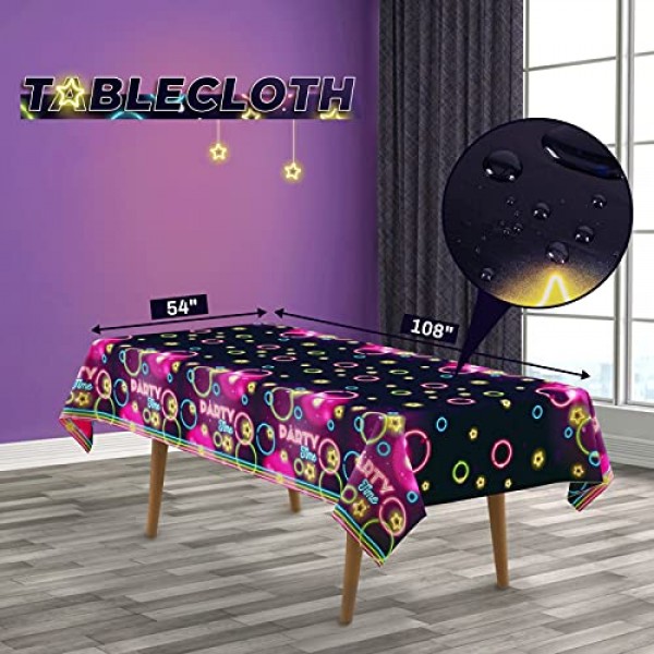 DECORLIFE 네온 플레이트 및 냅킨 파티 용품 16인분, 생일 축하 배너, 54x108 네온 식탁보, 야광 파티 장식용 기구 포함