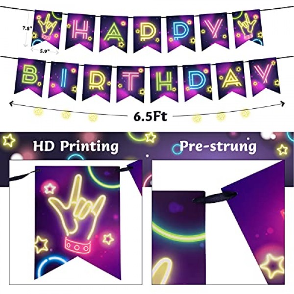 DECORLIFE 네온 플레이트 및 냅킨 파티 용품 16인분, 생일 축하 배너, 54x108 네온 식탁보, 야광 파티 장식용 기구 포함