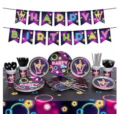 DECORLIFE 네온 플레이트 및 냅킨 파티 용품 16인분, 생일 축하 배너, 54x108 네온 식탁보, 야광 파티 장식용 기구 포함