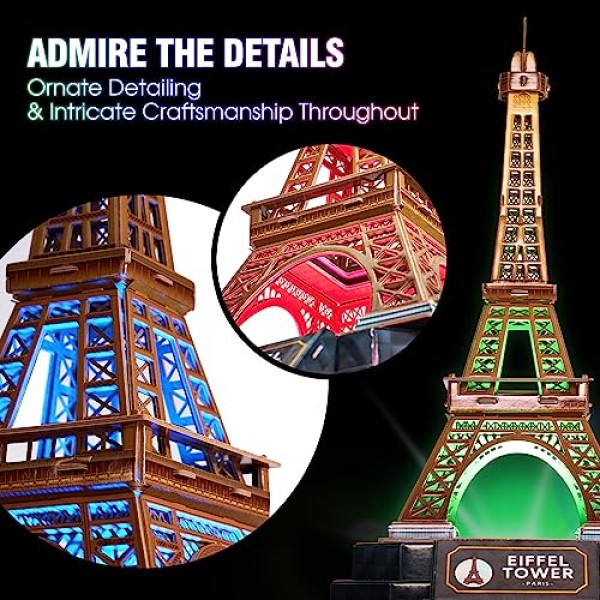CubicFun 3D 퍼즐 LED 에펠탑과 화려한 조명 성인을 위한 3D 퍼즐 모델 키트 성인을 위한 프랜차이즈 건축 공예 두뇌 티저 건축 책상 퍼즐 여성 남성을 위한 선물