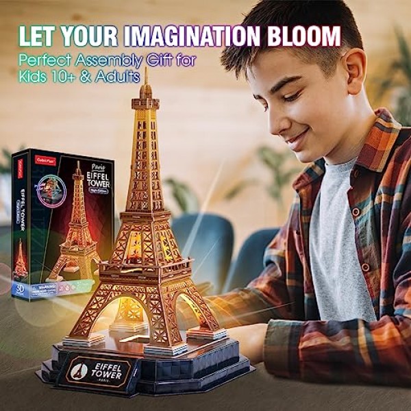 CubicFun 3D 퍼즐 LED 에펠탑과 화려한 조명 성인을 위한 3D 퍼즐 모델 키트 성인을 위한 프랜차이즈 건축 공예 두뇌 티저 건축 책상 퍼즐 여성 남성을 위한 선물