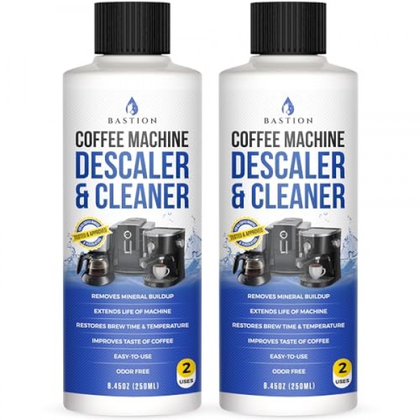 Bastion 커피 머신 디스케일러 및 클리너 - 4회 용도. (2병) Keurig, Nespresso, Delonghi 및 모든 일회용 커피 및 에스프레소 머신과 호환되는 범용 스케일 제거 솔루션